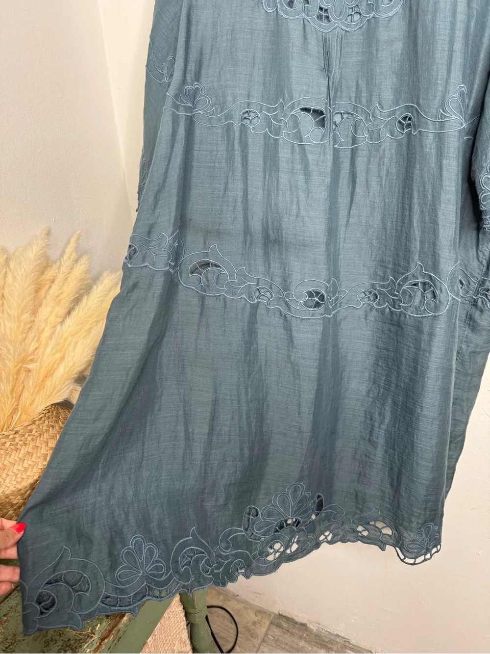 Sundance Blue Gray Embroidered Ramie Shift Dress XXL Boho Cutwork Lace Feminine